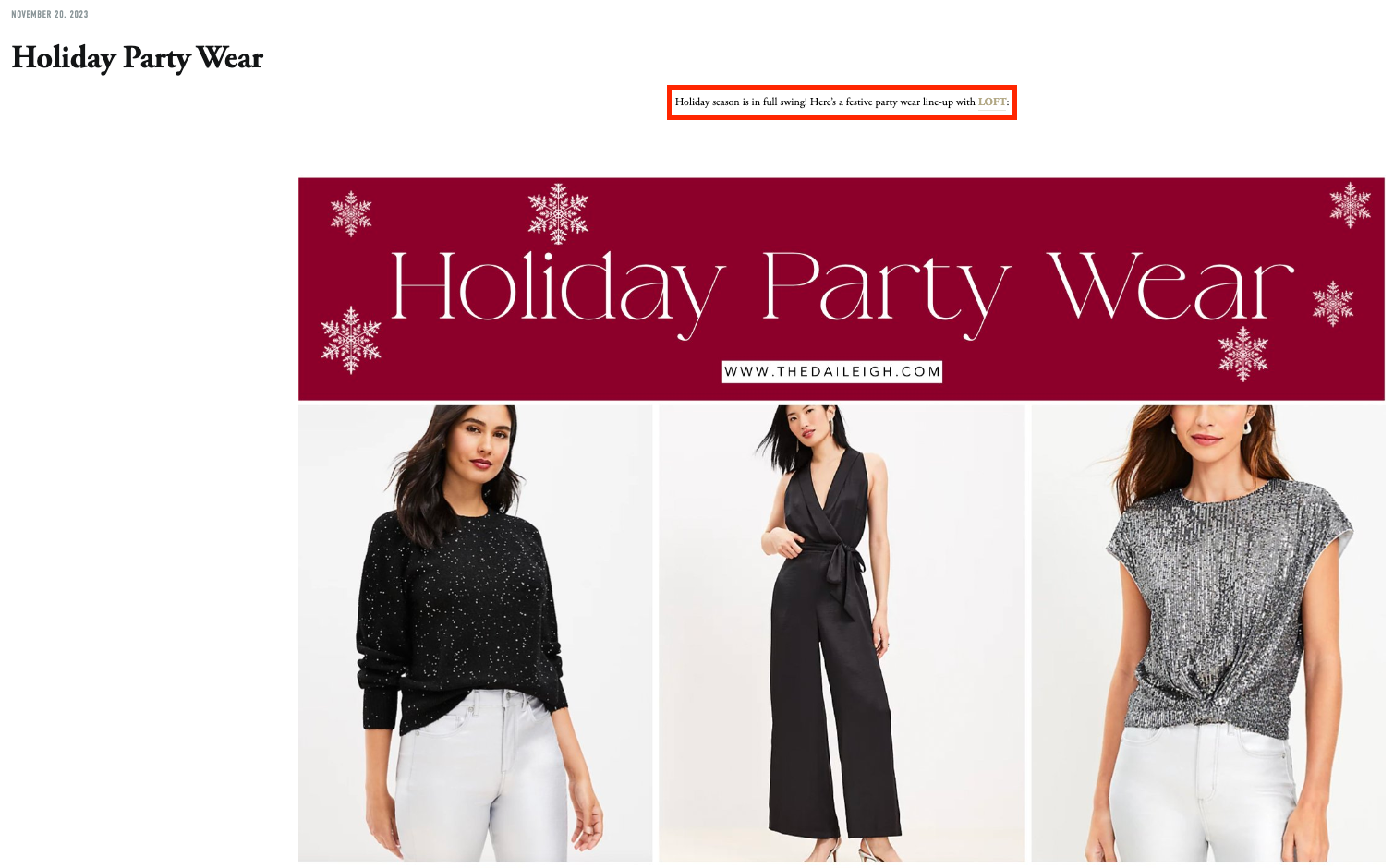 Holiday party wear newsletter featuring LOFT affiliate links